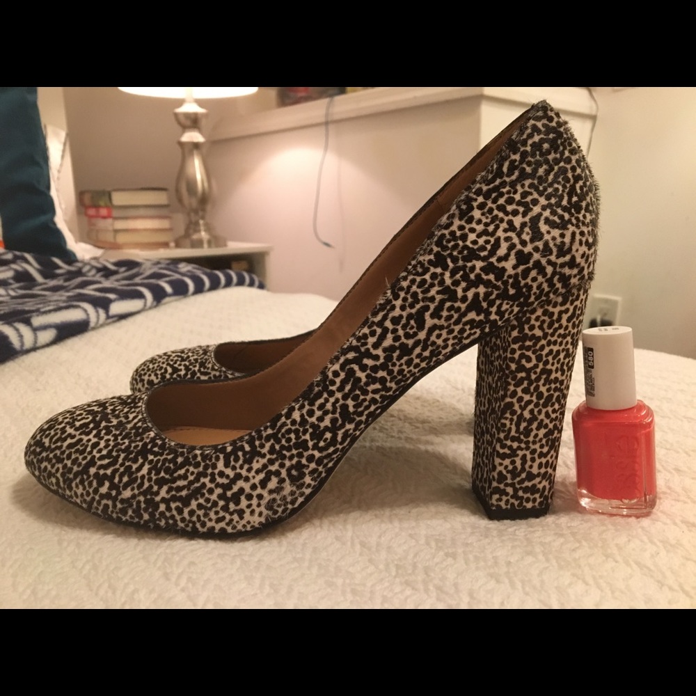 J. Crew Olive calf hair pumps snow leopard pattern